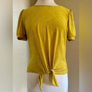 Sunny yellow eyelet tie front top